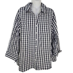Foxcroft Shirt Shaped Fit Women 18W Button Black White Gingham 3/4 Sleeve Pocket